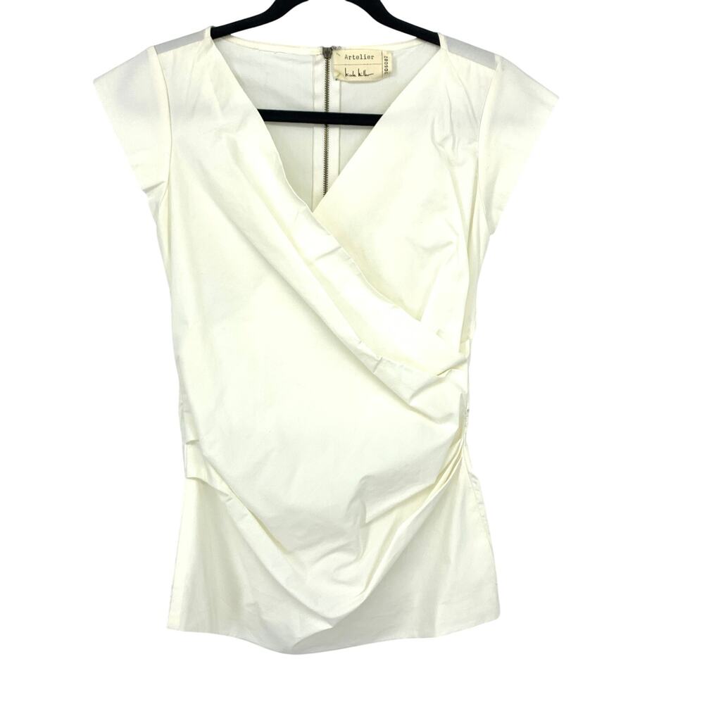 Nicole Miller Artelier Cap Sleeve Surplice Neck Ruched Blouse Womens Sz S Cream